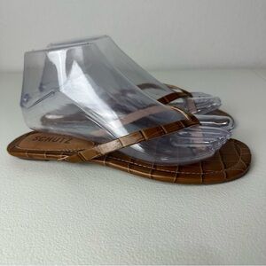 Schutz Brown Tesla Crocodile Embossed Leather Thing Sandals Size 7.5